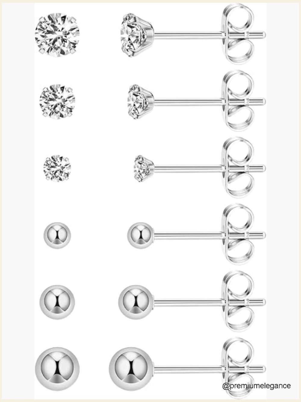 6 Pairs Extra Long Post Stud Earrings 316L Stainless Steel Hypoallergenic CZ
